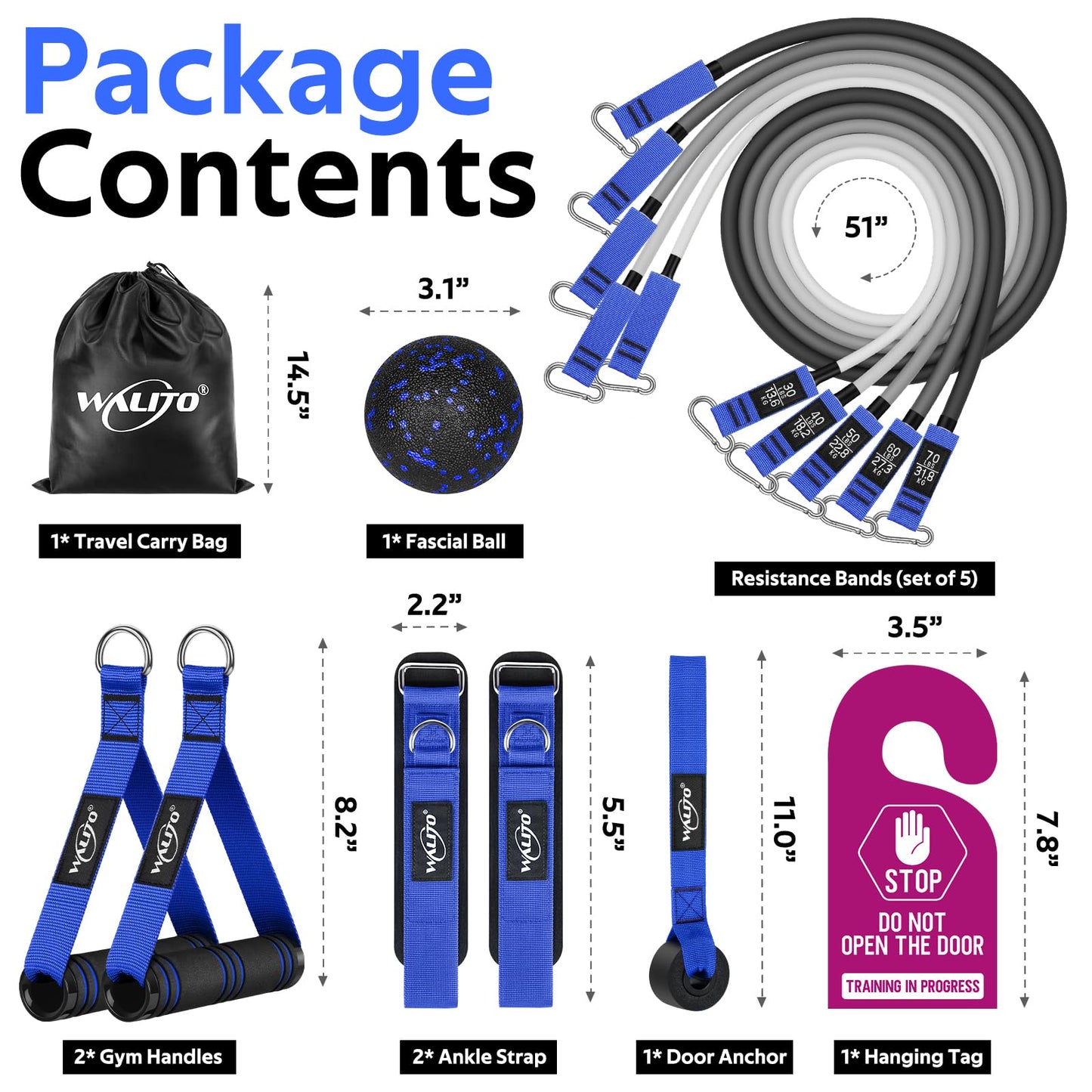 WALITO Resistance Bands Set - Exercise Bands with Handles, Door Anchor, Legs Ankle Straps, for Heavy Resistance Training, Physical Therapy, Muscle Training, Yoga, Home Workouts, Gym