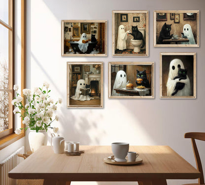 6Pcs Halloween Ghosts Wall Art Ghost Black Cat Funny Gothic Wall Decor Pictures Retro Horror Creepy Dark Academia Poster Prints for Bedroom Gallery Bar Home Decoration 8x10in Unframed