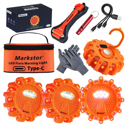 Markstor Led Road Flares 4 Pack LED Flares Emergency Kit, USB Recharge Amber LED Flares Warning Light with Magnetic, Roadside Safety Disc Flares Kit with Breaker,Whistle for Vehicle (4 Pack Parts)