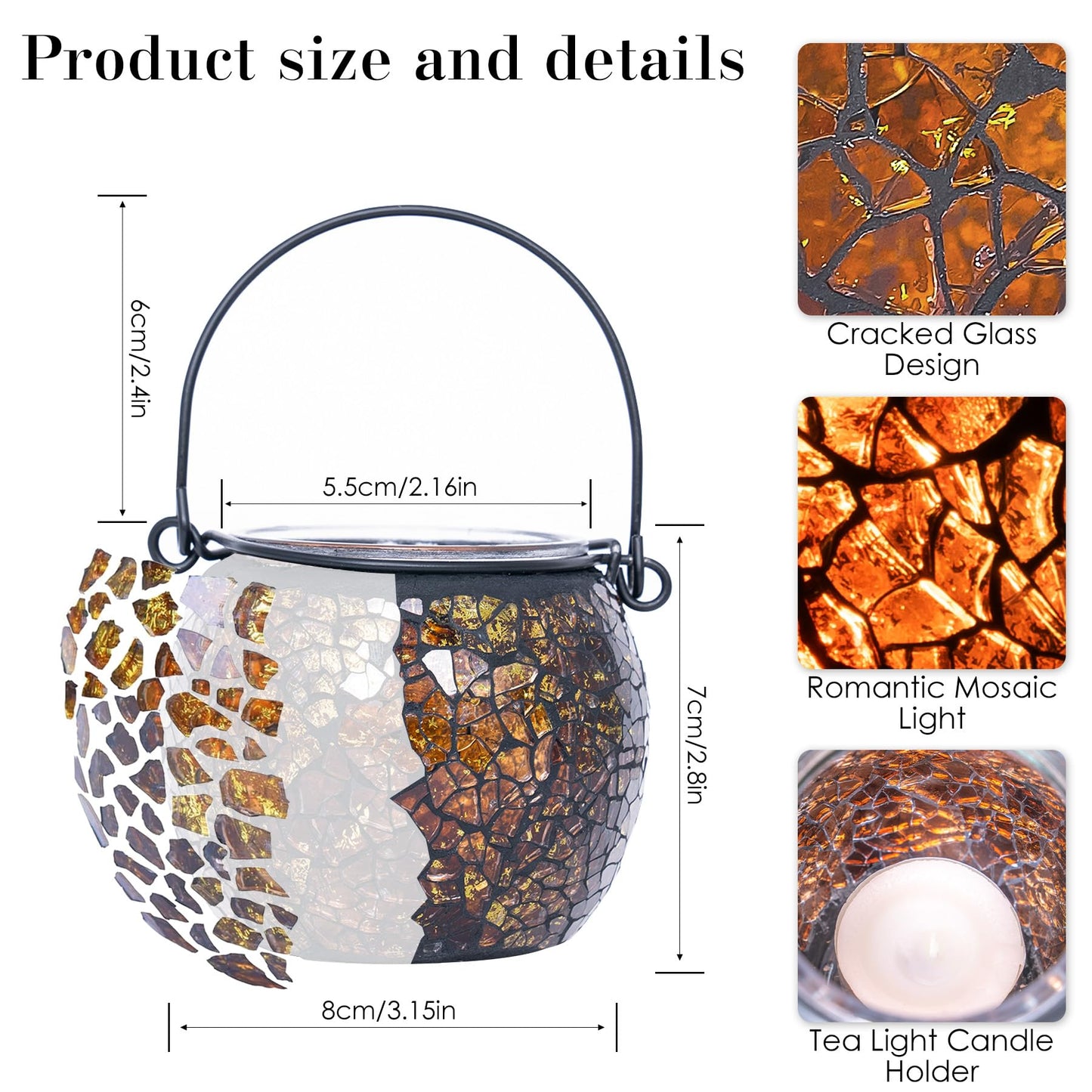 Rancco Candle Holder Mosaic Glass Tea Light Holder, Votive Candle Holders with Handle for Thanksgiving Table Centerpiece Christmas Party Decor,Also Used as Vase,Pen Holder,Potted Plants Bowl (Amber)
