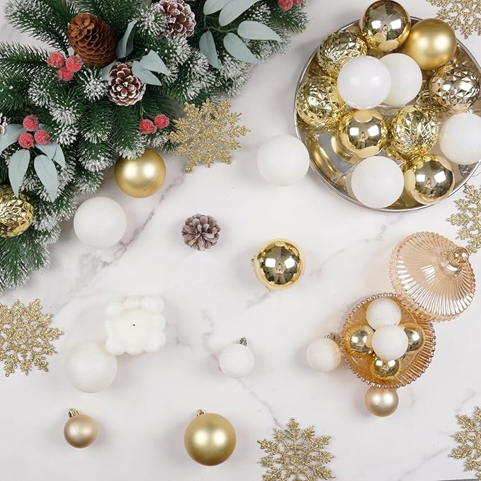 SY CRAFT 86 Pieces of Assorted Shatterproof Christmas Ball Snowflake Ornaments Seasonal Decorative Hanging Ornament Set with Hand-held Gift Package for Xmas Tree Decorations (86PCS, Gold)