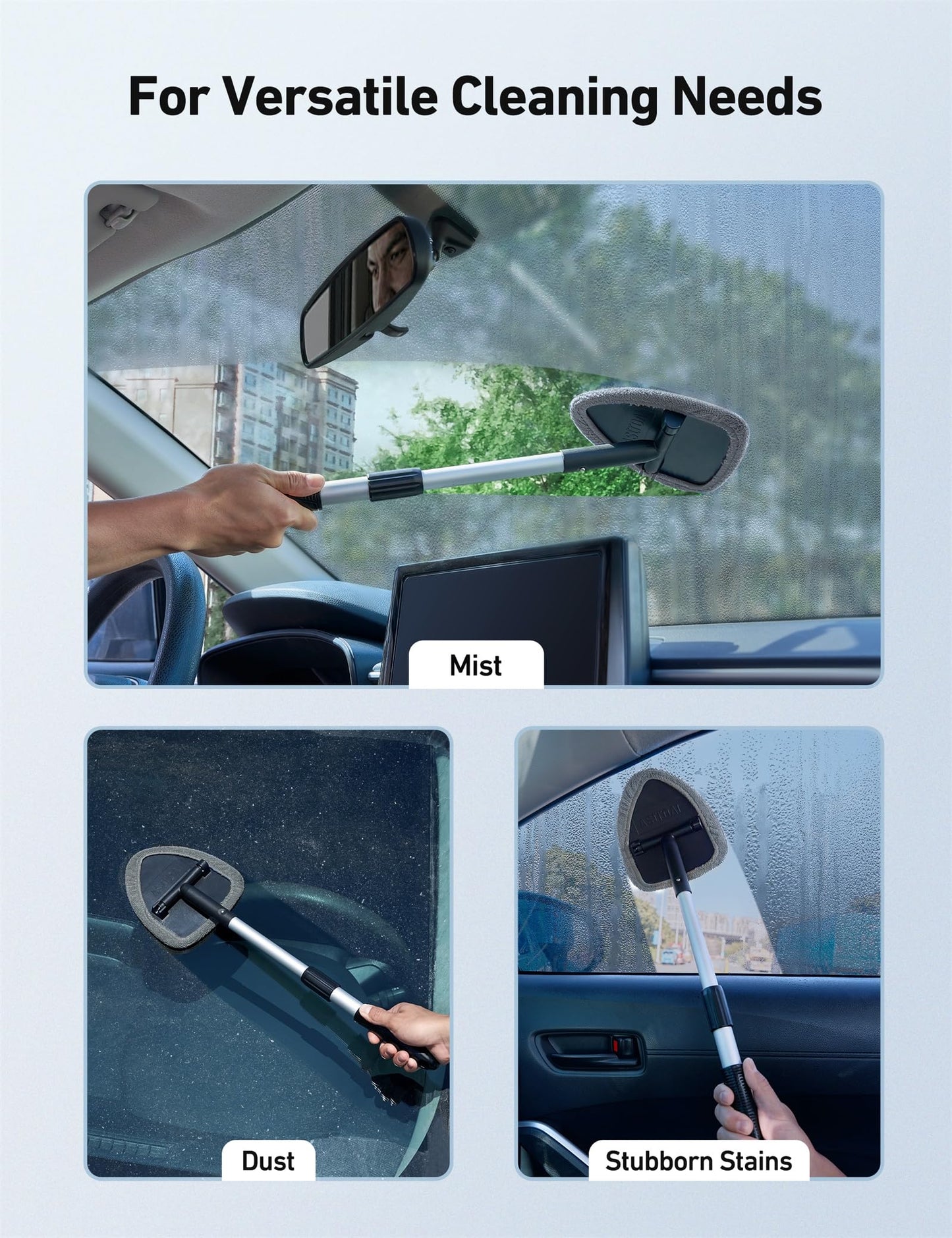 AstroAI Car Windscreen Cleaner, 4 Reusable and Washable Microfiber Pads, Windshield Cleaning Wand Tool with Telescopic and Extendable Handle Auto Inside Glass Wiper Kit, Grey