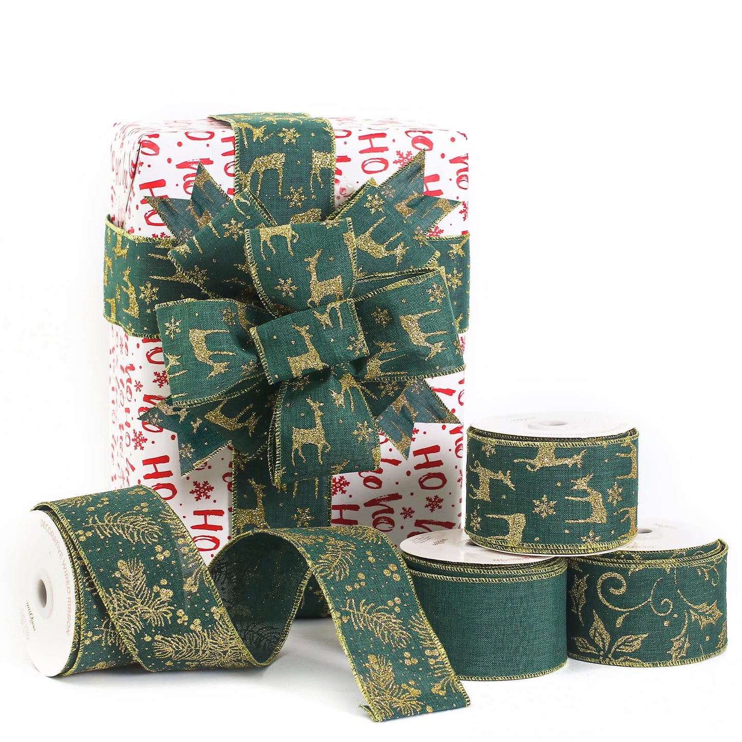 UNIQOOO 40 Yards 4 Rolls Seamless Green Christmas Wired Ribbon Set, 2.5 inch x 10yd. Satin Burlap Wired Edge Ribbon for Xmas Tree Décor, Gift Wrap Box, Bows, Wreath, Garland, Floral DIY Craft, Wedding