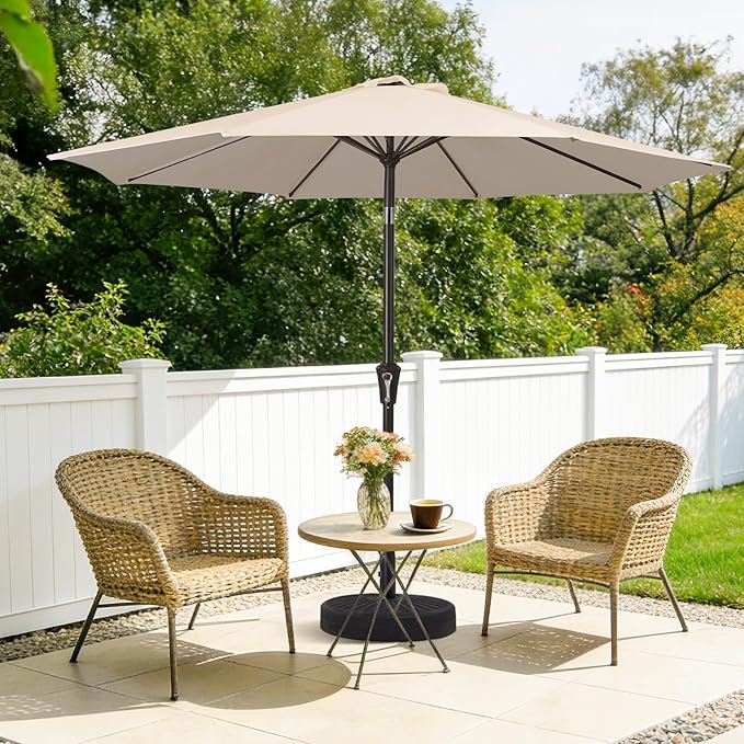 MEWAY 9ft Patio Umbrella Outdoor Table Umbrellas with Push Button Tilt and Crank, Market Umbrella 8 Sturdy Ribs for Deck, Garden, Pool and Backyard, Beige