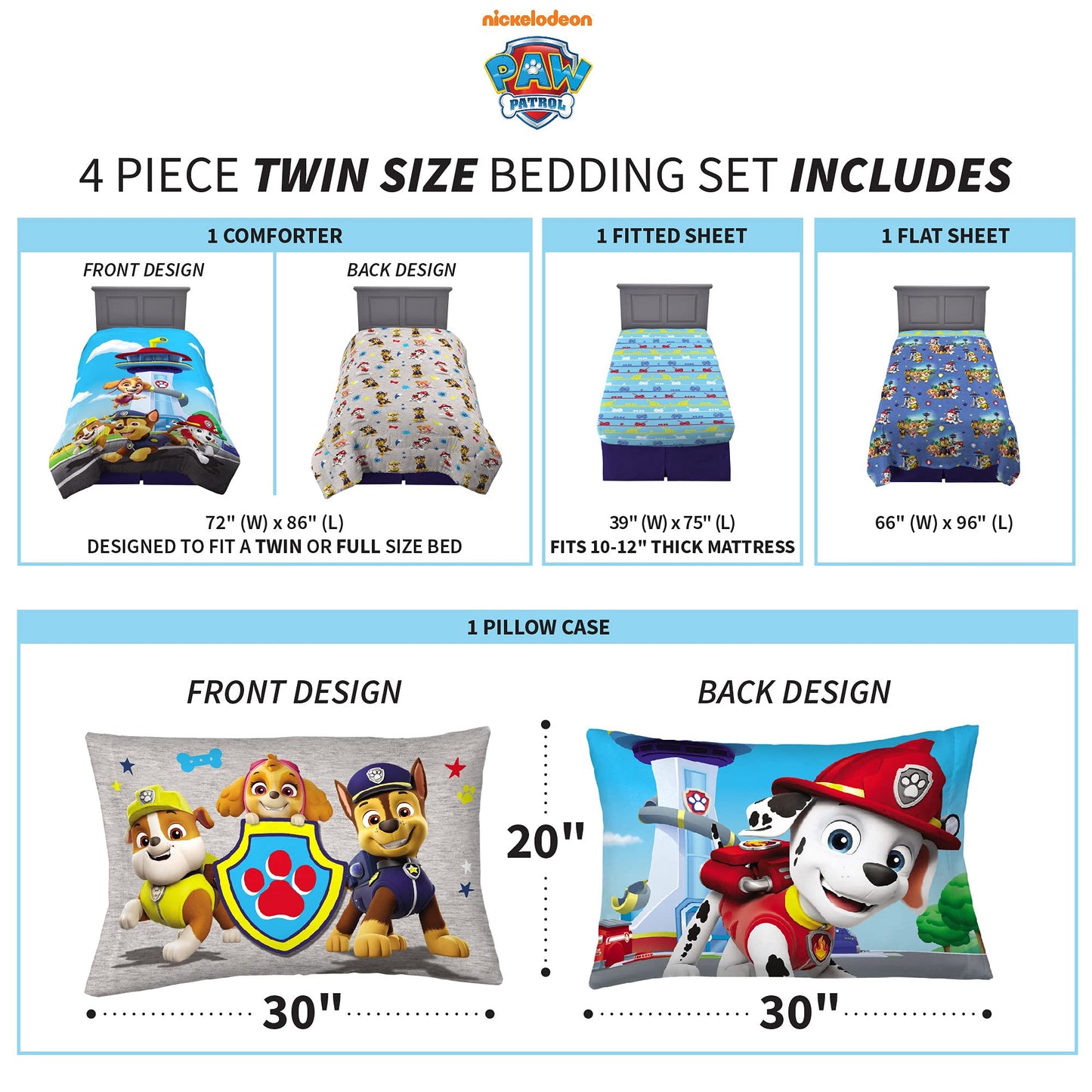 Franco Kids Bedding Super Soft Comforter and Sheet Set, 4 Piece Twin Size, Paw Patrol (Prints may vary)