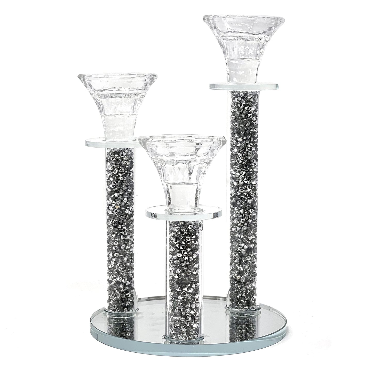 Allgala 9 Inch Tall 3-Pillar Filled with Diamond Like Stone Filled Crystal Candlesticks with Mirror Base-Silver-HD89124