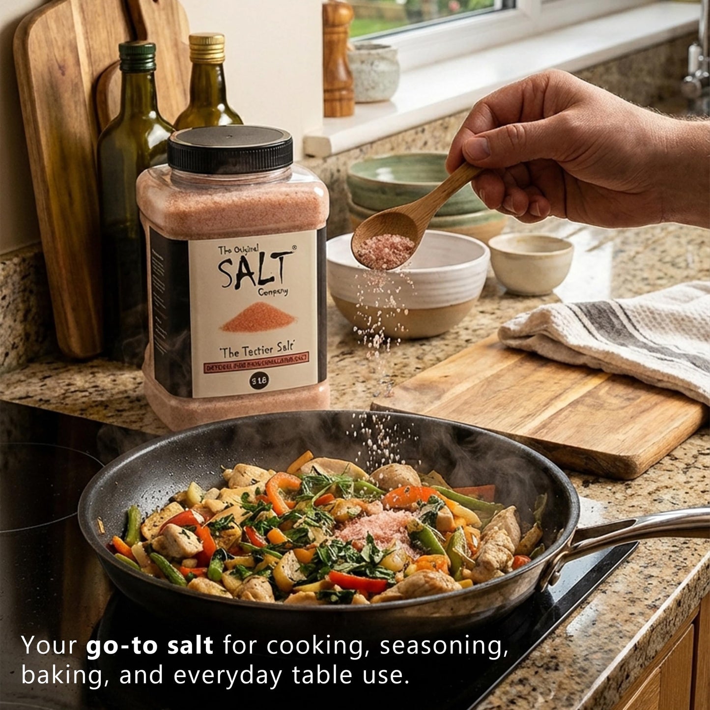 The Original Salt Company Pink Himalayan Salt, 5 LB Food-Grade Plastic Container 100% organic, kosher, fine grain, and gluten-free. Perfect for cooking, seasoning, and enhancing dishes with its mild, mineral-rich flavor.