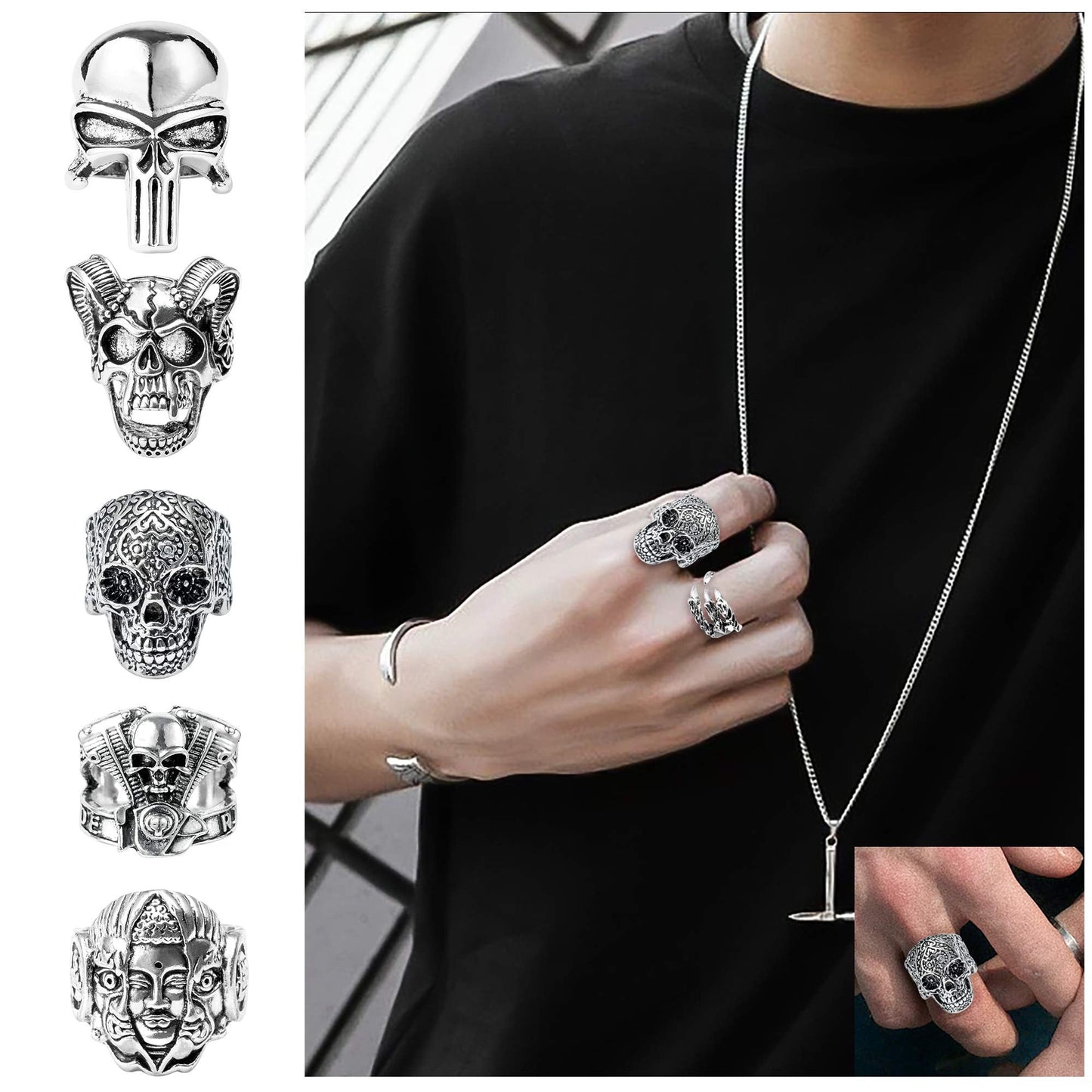 PANTIDE 16Pcs Vintage Silver Punk Rings Set for Men Women, Gothic Alloy Biker Adjustable Rings, Halloween Skeleton Skull Evil Eye Dragon Claw Octopus Dragon Knuckle Stacking Circlet Jewelry
