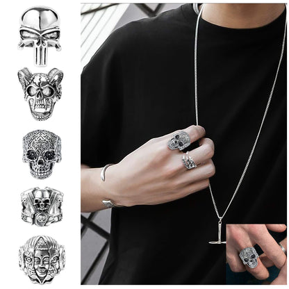PANTIDE 16Pcs Vintage Silver Punk Rings Set for Men Women, Gothic Alloy Biker Adjustable Rings, Halloween Skeleton Skull Evil Eye Dragon Claw Octopus Dragon Knuckle Stacking Circlet Jewelry