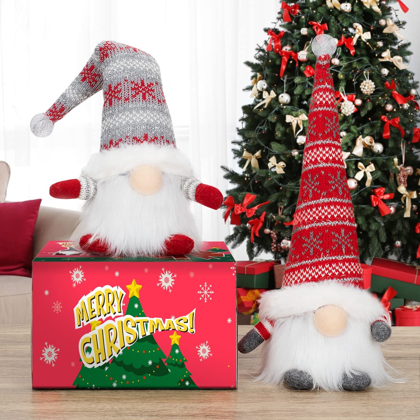 BAODLON Christmas Gnome Decorations with Light, 13.4 Inches Set of 2 Knitted Hat Nisse Figurine Plush Swedish Nordic Tomte Scandinavian Elf X'Mas Holiday Party Home Table Decor Ornaments (Red & Grey)