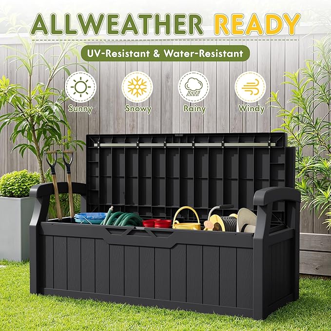 Greesum 80 Gallon Outdoor Storage Bench Deck Box with Cushion & Armrest, Lockable, Waterproof UV Resistant, Comfortable Seating for Patio, Pool, Garden, Black