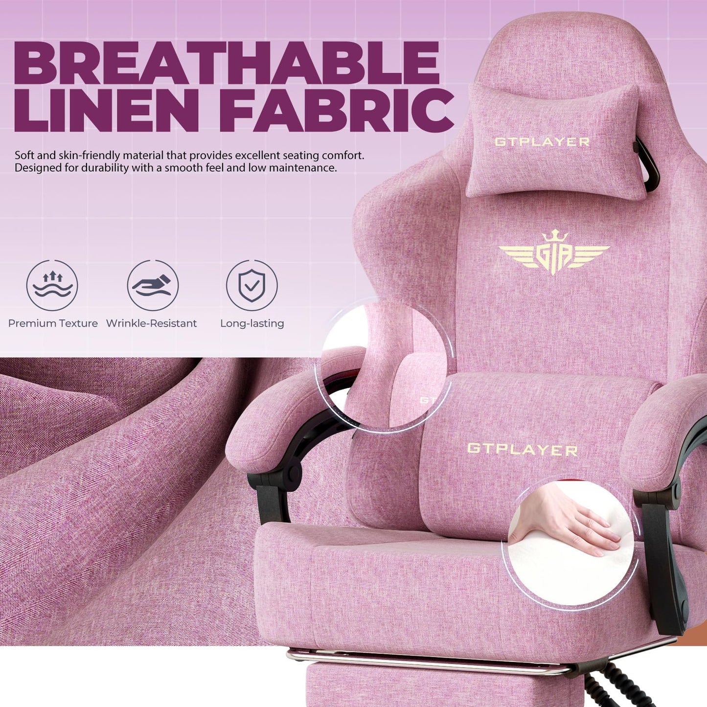GTPLAYER Big and Tall Gaming Chair 400lbs Heavy Duty Office Chair with Foot Rest, High Back Pocket Spring Ergonomic Computer Chair for Adults, Wide Comfy Seated Cushion with Linkage Armrests, Pink