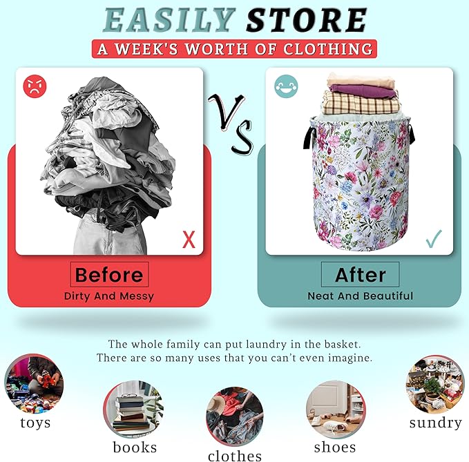 Watercolor Flower Floral Laundry Basket Foldable