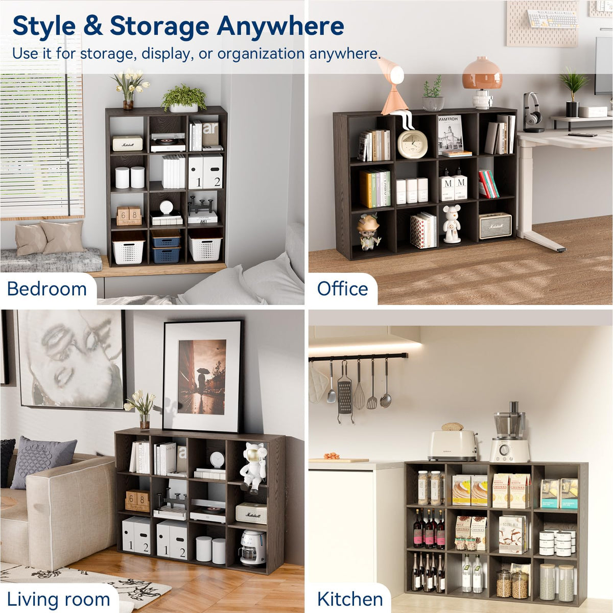 Whitmor 12 Cube Storage Organizer, 4 Tier Stackable Mdf Wood Bookcase, Open Storage Display Bookshelf, Storage Cabinet for Living Room, Bedroom, Home, Office, 35.1"L x 11.7"W x 47.5"H, Espresso