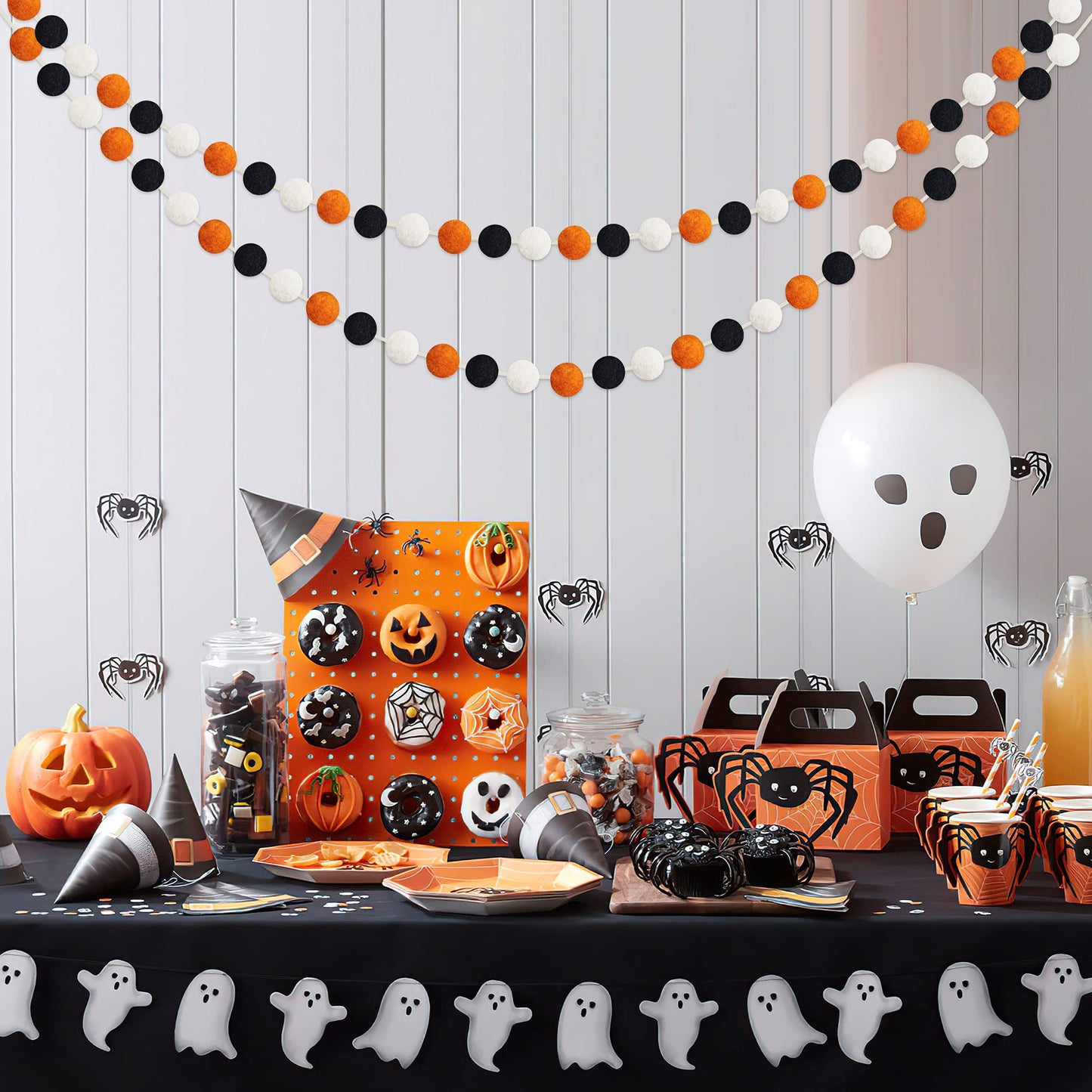 60 Balls Halloween Felt Ball Garlands - Halloween Decorations - Black Orange White Pom Pom Garlands for Home Tree Festive Indoor Outdoor Home Office Hanging Decor - 25mm