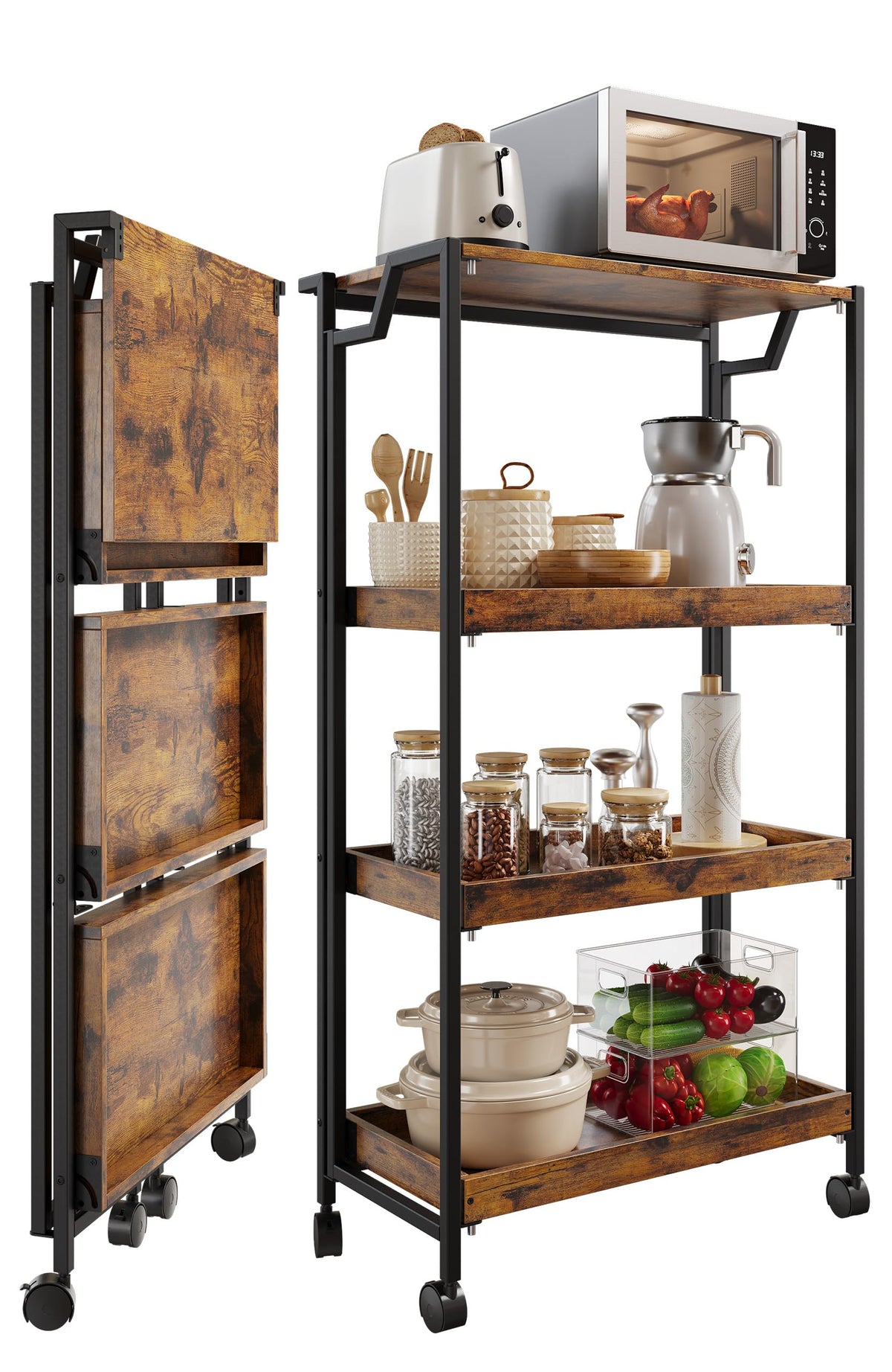PeakPursuit Large 4-Tier Collapsible Wooden Storage Shelf – Heavy Duty 100 lbs Capacity, Locking Wheels – Space-Saving Organizer for Kitchen, Garage, Workshop, Home – No Assembly Required