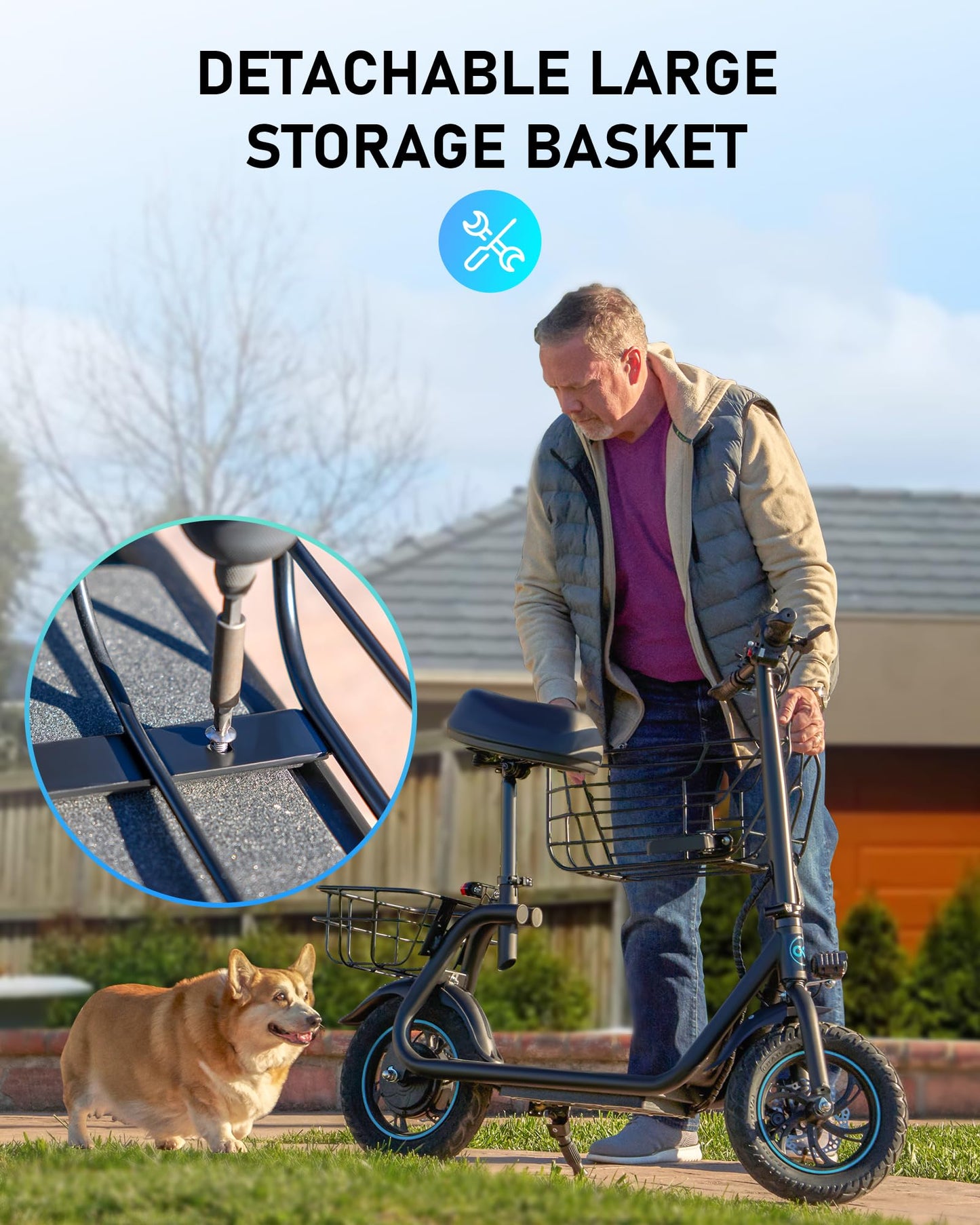 Electric Scooter with Seat, 300W Motor, 15.53MPH Top Speed, 20 Miles Range, Adults E-Scooter with Large Storage Basket for Pets Dogs and Items C1S-PLG