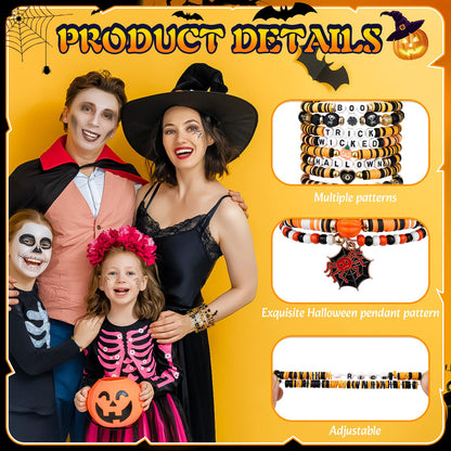 LUYI 48 Pcs Halloween Bracelets for Women Friendship Bracelets Set Colorful Bats Witches Spiders Pumpkins Skulls Beaded Stackable Stretch Clay Bracelets Bulk for Party Jewelry Supplies Holiday Gift