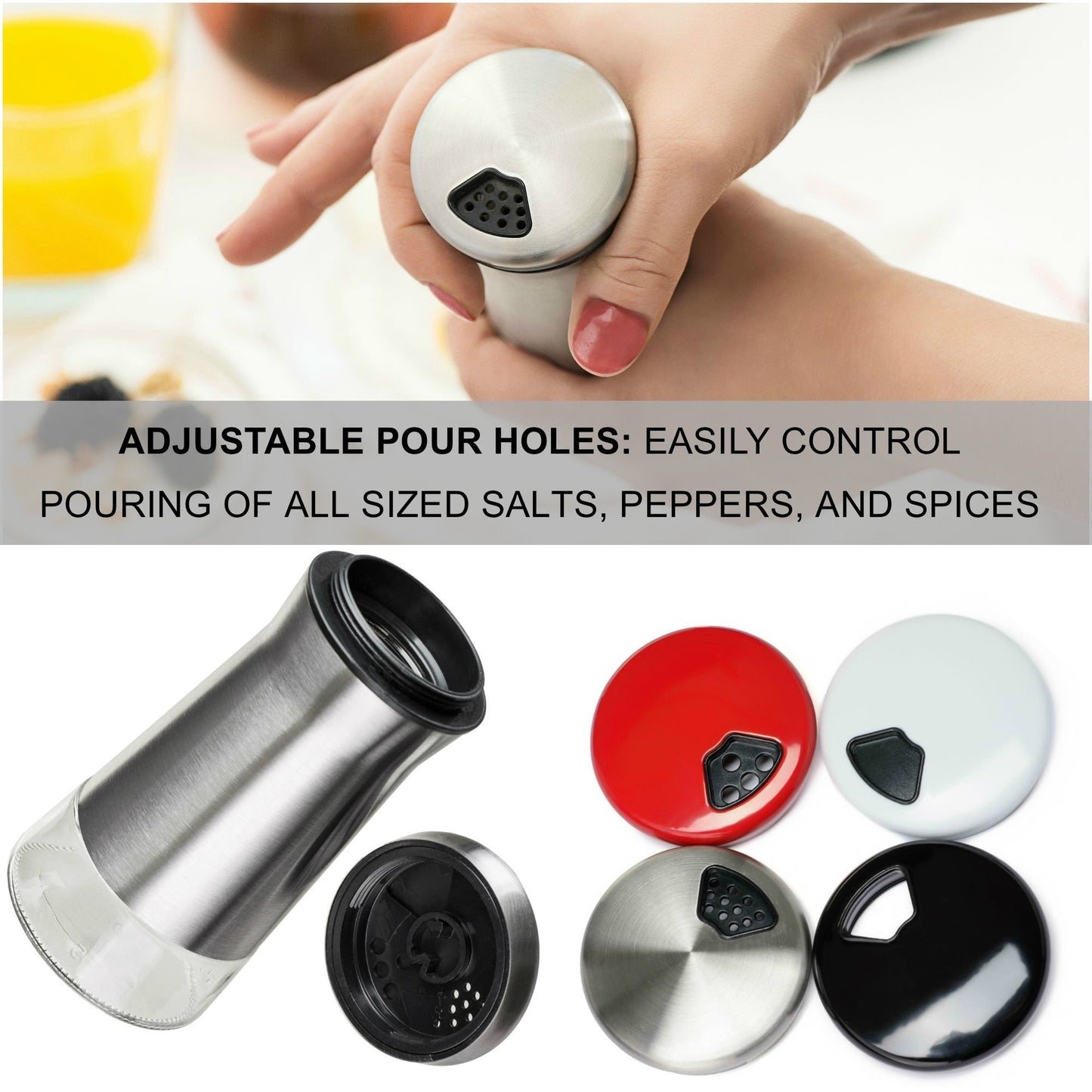 Salt and Pepper Shakers Set with Adjustable Pour Holes by CHEFVANTAGE - Stainless Steel