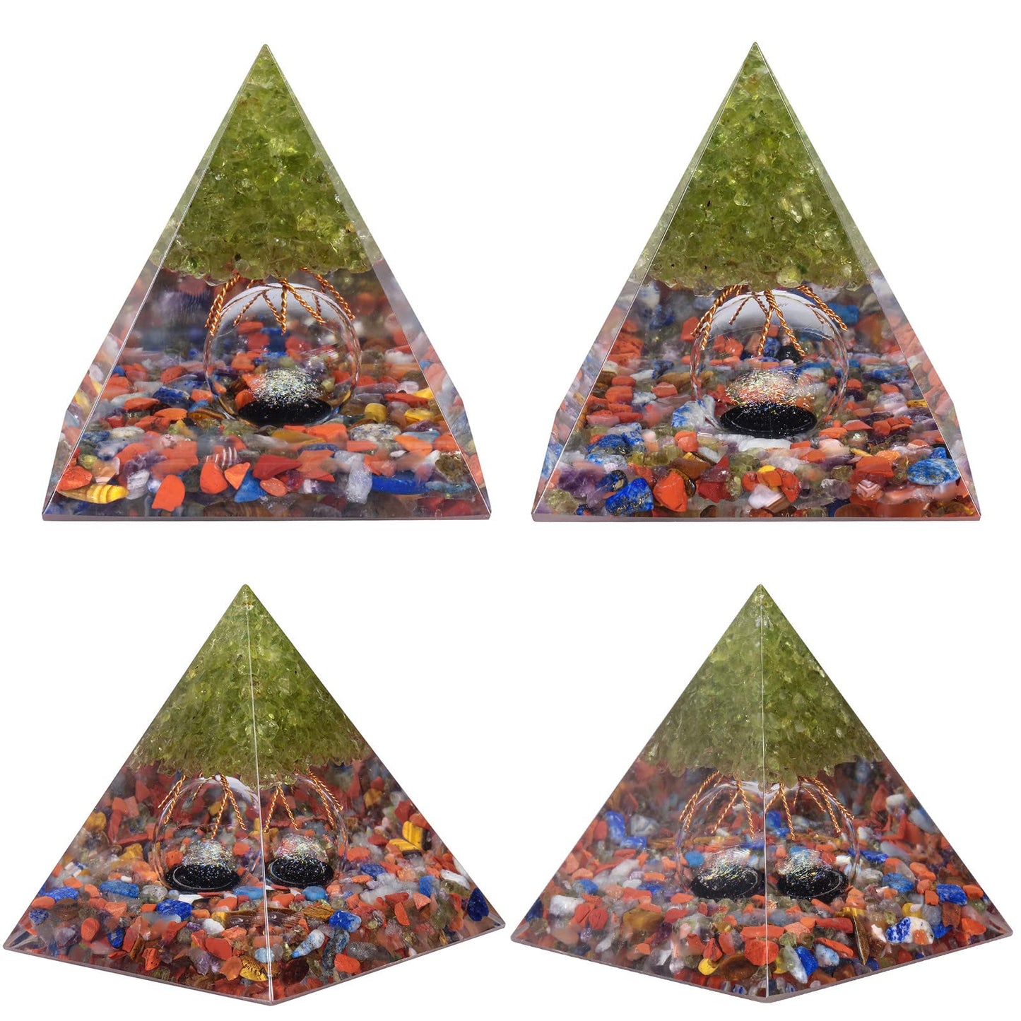 Rockcloud Tree of Life Orgone Pyramid Crystal Stone with Glass Sphere for Home Office Decor, Energy Generator for Meditation Yoga Reiki, Olivine and Mixed Stones