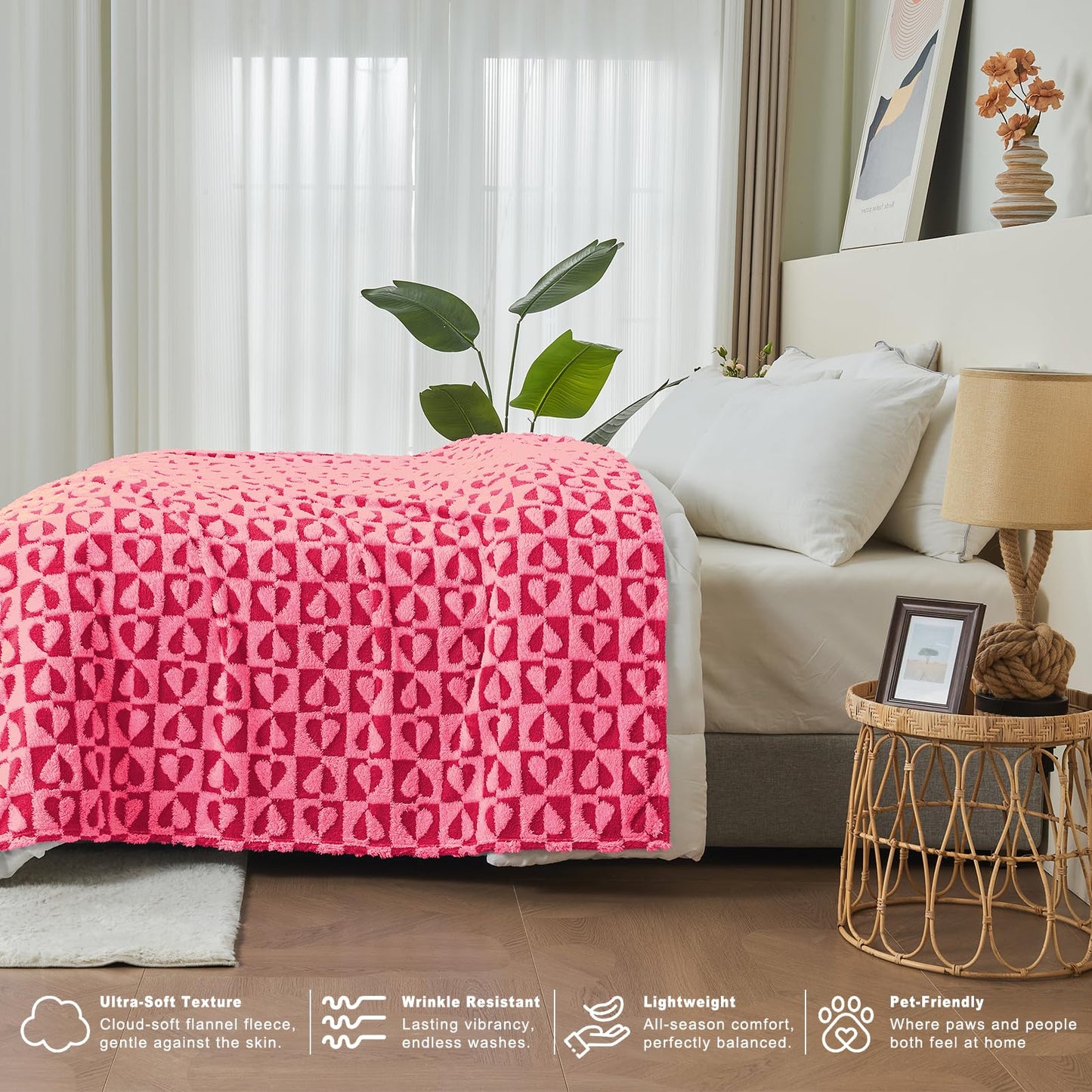 GIOKARNNA Hot Pink Throw Blanket with Hearts Checkered Throw Blanket for Lover Mom Gifts Valentines Day Blanket Lap Blanket, 60x80 Inches, 300GSM