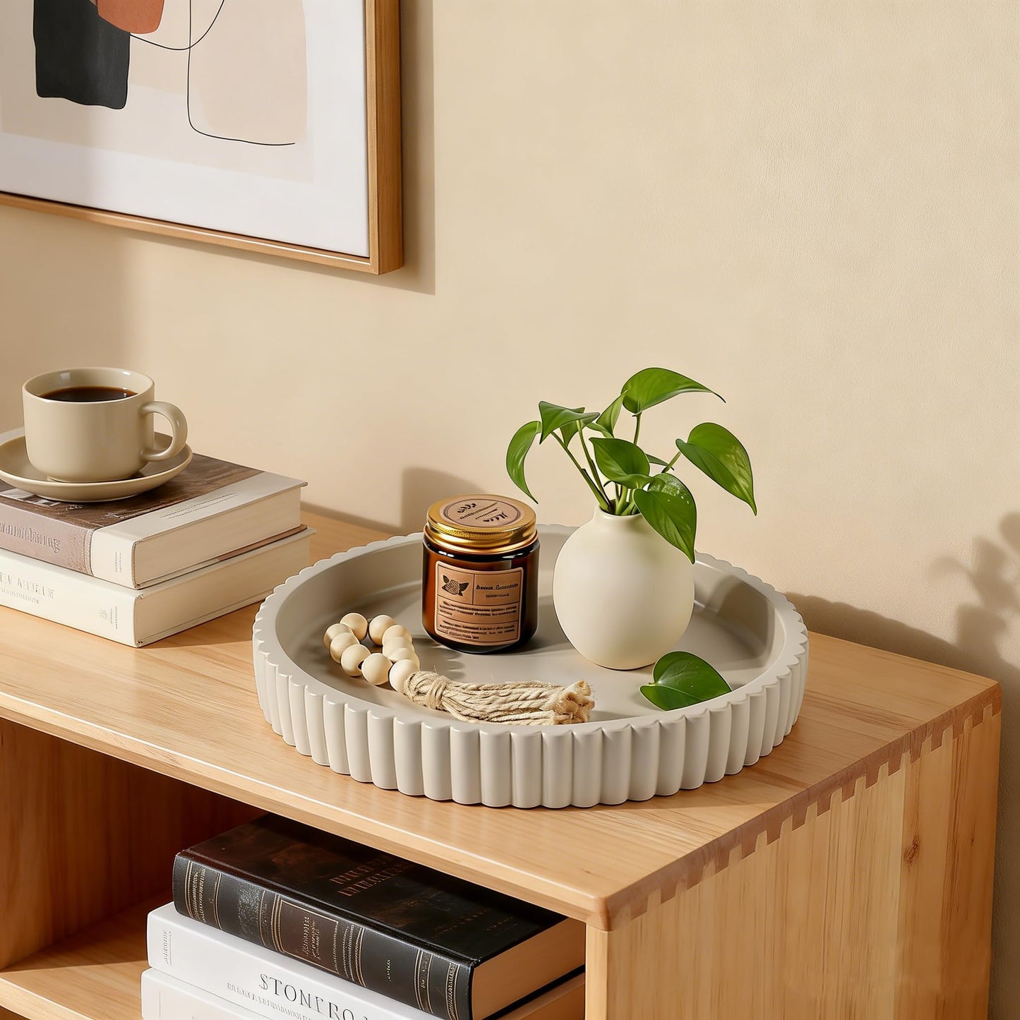 Zyphlux Round Decorative Trays & Coffee Table Tray, 11 Inch Fluted Coffee Table Centerpiece Decor, No Slip Modern Circle Concrete Organizer for Living Room, Console, Kitchen Island, Dresser