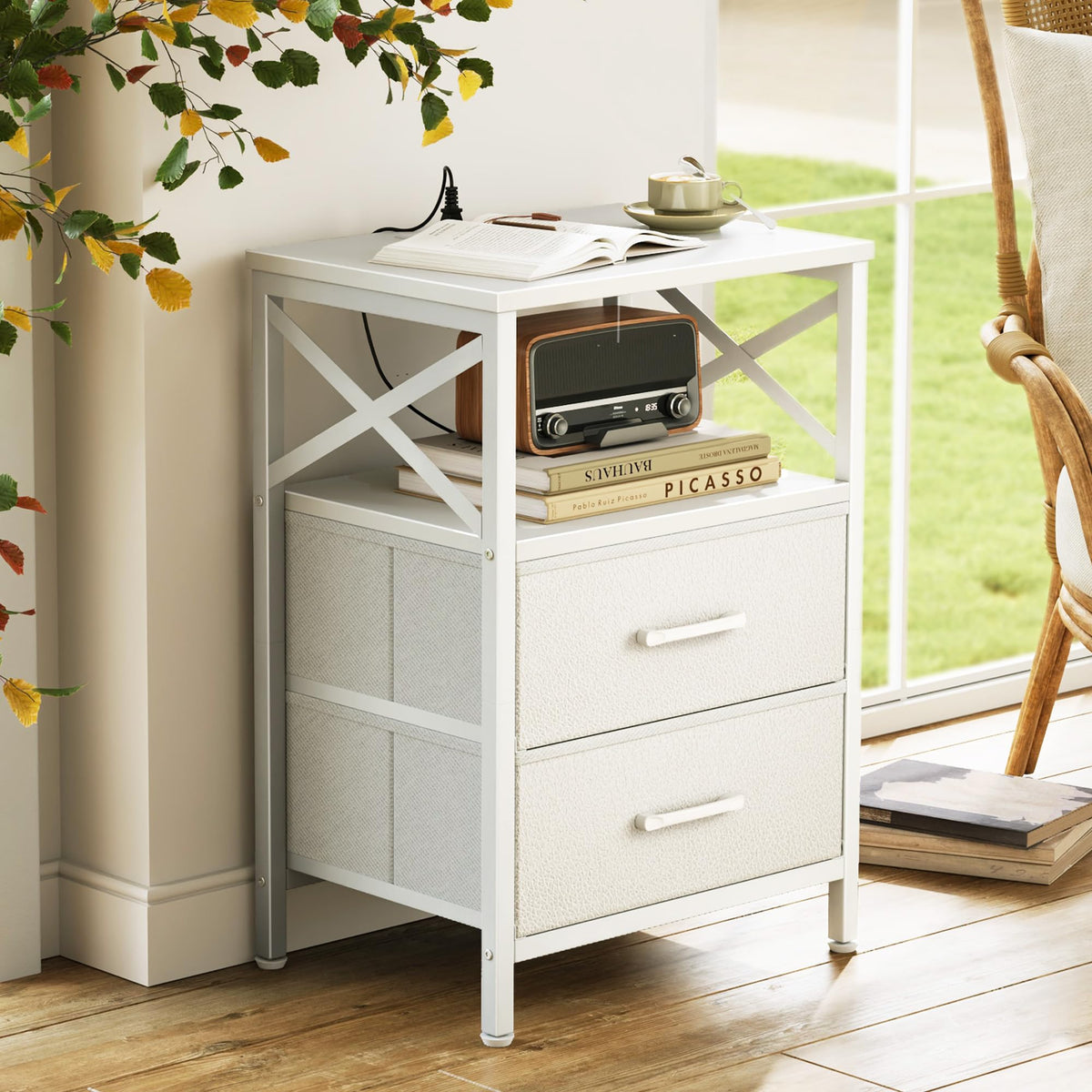 Huuger Nightstands Set of 2, Night Stand with Charger Station, 2 Drawer Side Table with Open Shelf, USB-C Port, End Table for Small Spaces, X Shaped Side Rail, White