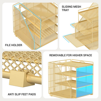 Becomrock Gold Desk Organizer, 4-Tier Metal Paper Organizer for Desk with Vertical File Holder, Office Accessories and Desktop Storage for Office Supplies (Gold)