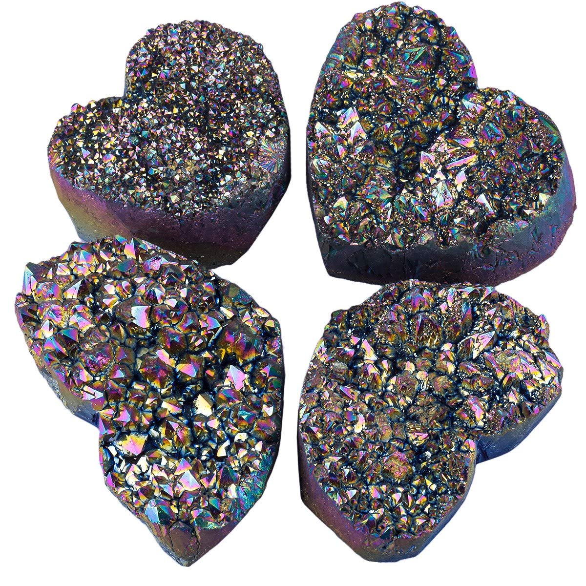SUNYIK Love Heart Rainbow Titanium Coated Quartz Crystal Cluster, Healing Crystal Drusy Geode Gemstone Specimen Figurine for Valentine's Day, 1.9-2.7''