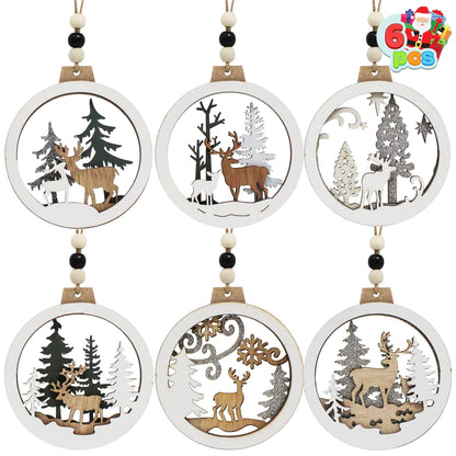 JOIEDOMI 6 Pcs Christmas Wooden Ornaments, Christmas Farmhouse Rustic Reindeer, Hanging Wood Ornaments for Winter Holiday Indoor Decor, Xmas Tree Decorations
