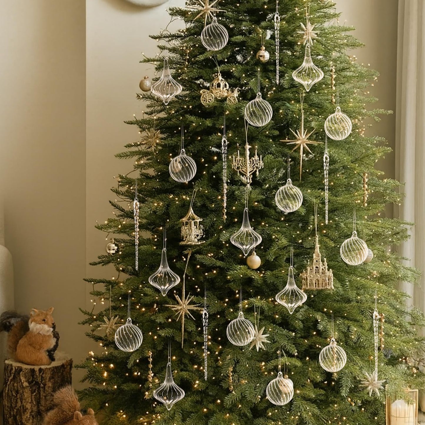 Seematn 18 Pcs Clear Christmas Glass Ornaments Ball Icicle Drop Ornaments Hanging Crystal Balls Glass Bulbs for Xmas Tree Home Indoor Party Elegant Winter Festival Crystal Decorations
