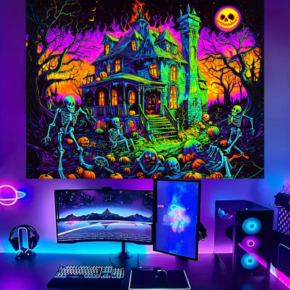 BSFHH Black Light Tapestry – UV Reactive Glow in the Dark Wall Hanging, Spooky Night Scene with Ghosts & Pumpkins, Haunting Home Decor for Parties, Bedroom, or Dorm (Ghost House, 90L x 70W, Unframed)