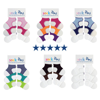 Sock Ons - Baby Sock Holders - 6-12 Months - 3 Pack (1 x Baby Blue, 1 x Navy, 1 x White) - Amazing Value Pack - Keep Baby Socks On!