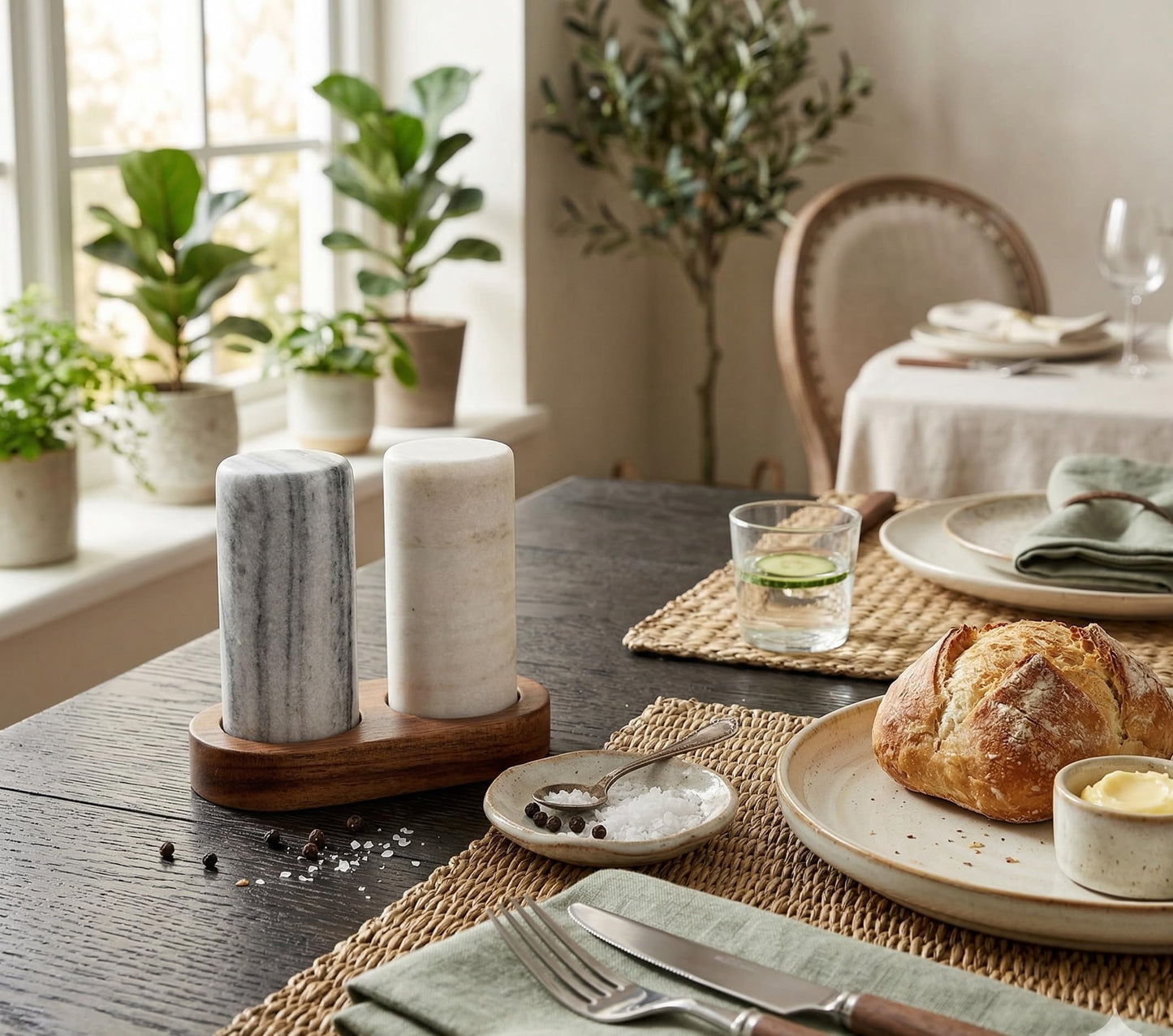 Spiretro Elegant Marble Salt and Pepper Shaker Set with Acacia Wood Holder - Real Grey and White Marble Cylindrical Shakers for Kitchen Shelf, Table or Spice Rack - 1.75” x 3.75” Each