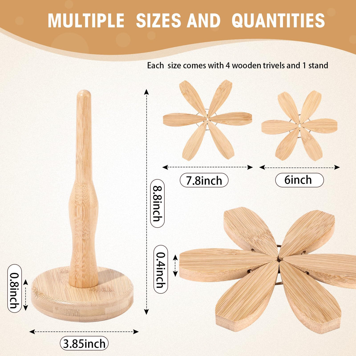 Wonderjune 4 Tree Trivet Set for Hot Dishes, 16 Wooden Trivets and 4 Stands, 2 Sizes Foldable Tree Shaped Coasters Decorative Hot Pad Mat Kitchen Table Decor for Pans, Pots, Cups(Bamboo Wood)
