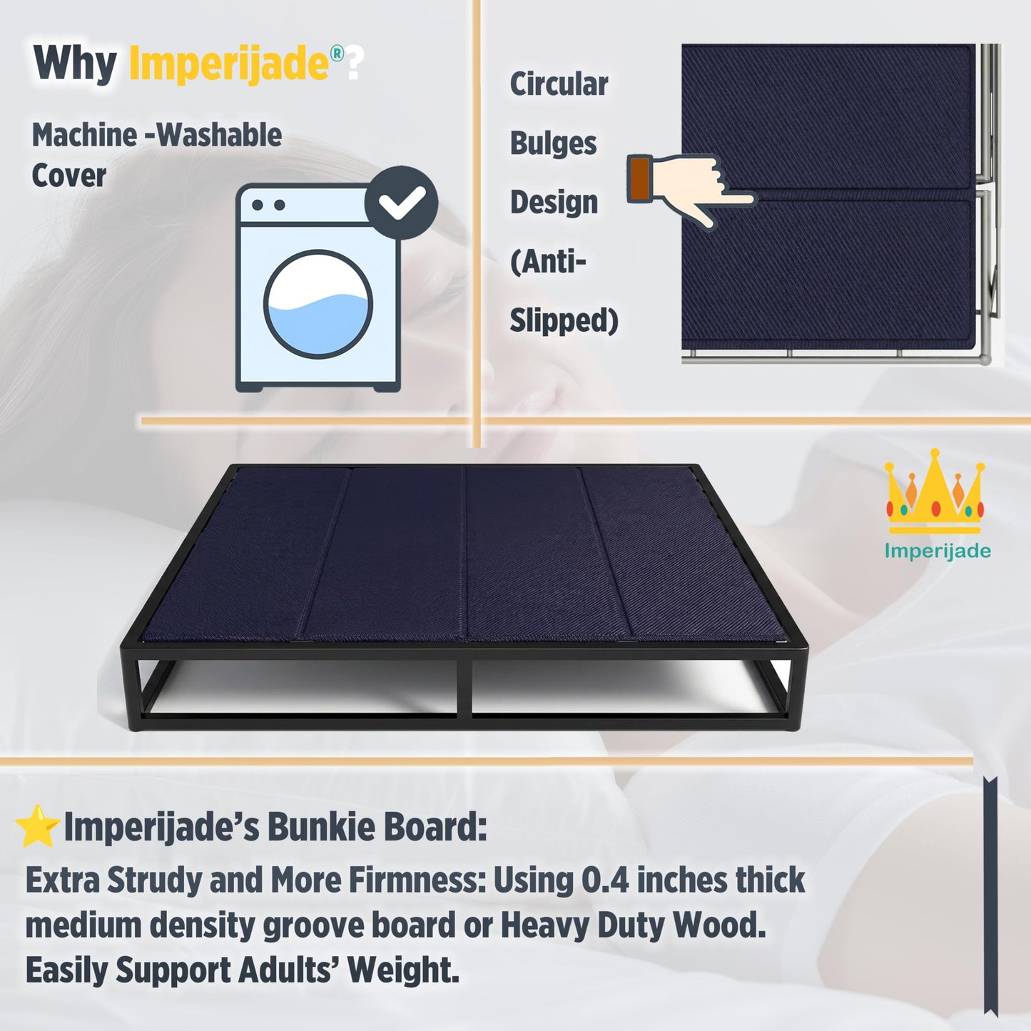 Imperijade 10mm Bunkie Board (60”x76”Queen Size) | Lightweight Design, Low Profile Bed Support, Breathable, Noise Minimizing, Moisture Resistant, Split Fully Assembled | Bed Support