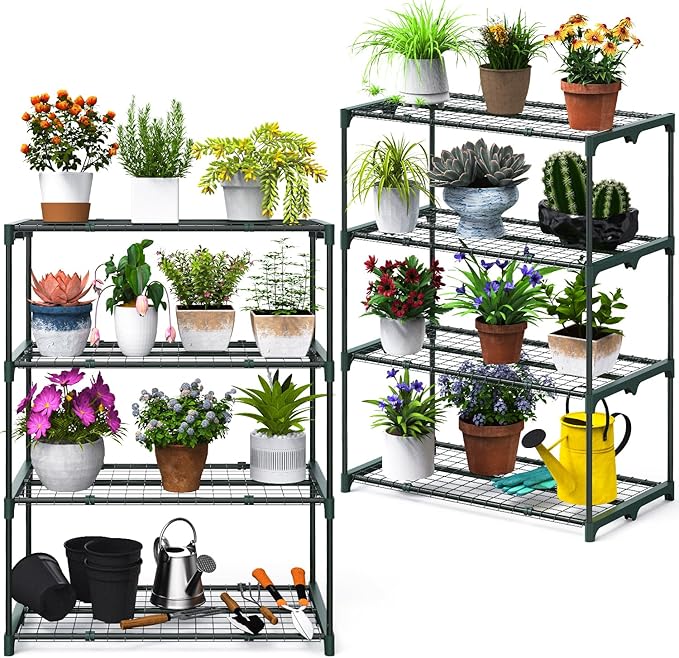 Ohuhu Plant Greenhouse Shelves 4 Tier 2 Pack Extra-Wide Stable Green House Shelving for Outdoor, 31x18x42 Inch Portable Rustproof Metal Shelf Plant Stand Rack Greenhouse Accessories