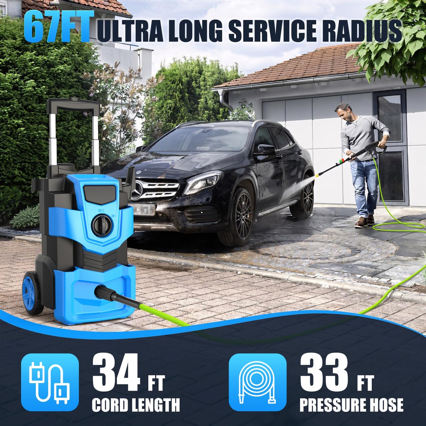 Commowner Pressure Washer 5000PSI Adjustable Pressure Power Washers Powered with 33ft Hose, 4 Nozzle and Foam Cannon, Powerwashers Cleaner Machine for Home, Cars, Blue