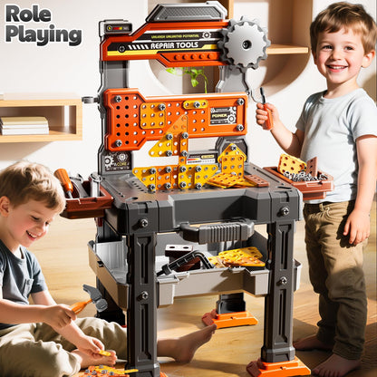 DULONIME 2 in 1 Workbench Tools Toys Set with Sound for Toddlers Aged 3-5, 145 PCS Educational Construction Mechanic Toolbox for Boys Girls, Pretend Play Toys Birthday Gift for Kids 3 4 5 6 Years Old