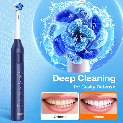 Bitvae Rotating Electric Toothbrush with 8 Brush Heads for Adults and Kids, Travel Case, 5 Modes Rechargeable Power Toothbrush with 2-Minute Smart Timer, 60-Day Battery Life, Dark Blue