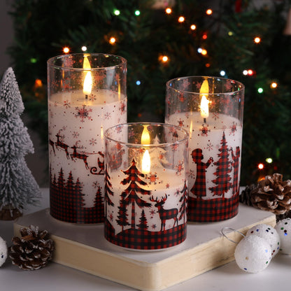 Eywamage Red Buffalo Plaid Glass Flameless Candles with Remote, Flickering Real Wax Christmas LED Pillar Candles Set of 3