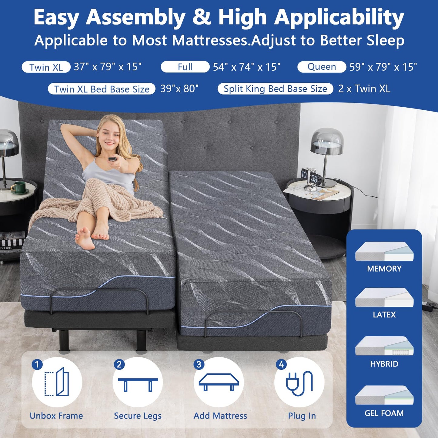 Adjustable Bed Frame Split King, Bed Base with 14 Inch Grey Gel Memory Foam Medium-Firm Mattress in Box, Adjustable Bed with Adjustable leg height, Easy Assembly Smart Electric Hospital Bed furniture