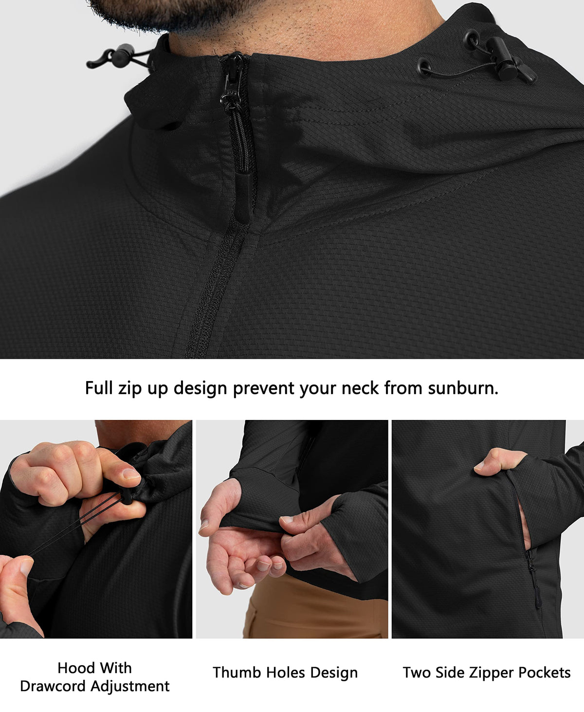 Men's UPF 50+ Light Jacket Full Zip Sun Protection Hoodie Long Sleeve Sun Shirts for Men Hiking Fishing Zip Pockets(Black_3XL)