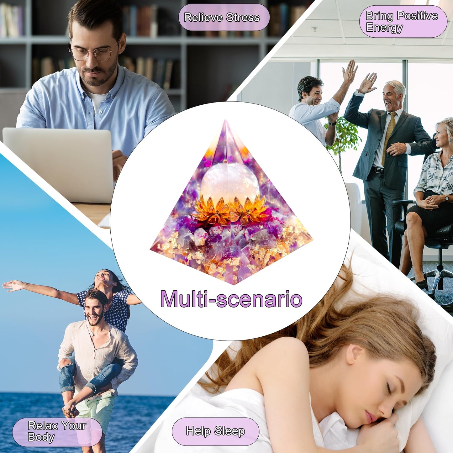 Saefheled The Flower of Life Orgone Pyramid,Natural Energy Pink Crystal&Amethyst Orgonite Crystal Healing Pyramid,for Reduce Stress, Balance Chakra,Meditation Attract Luck,Accumulate Wealth&Health