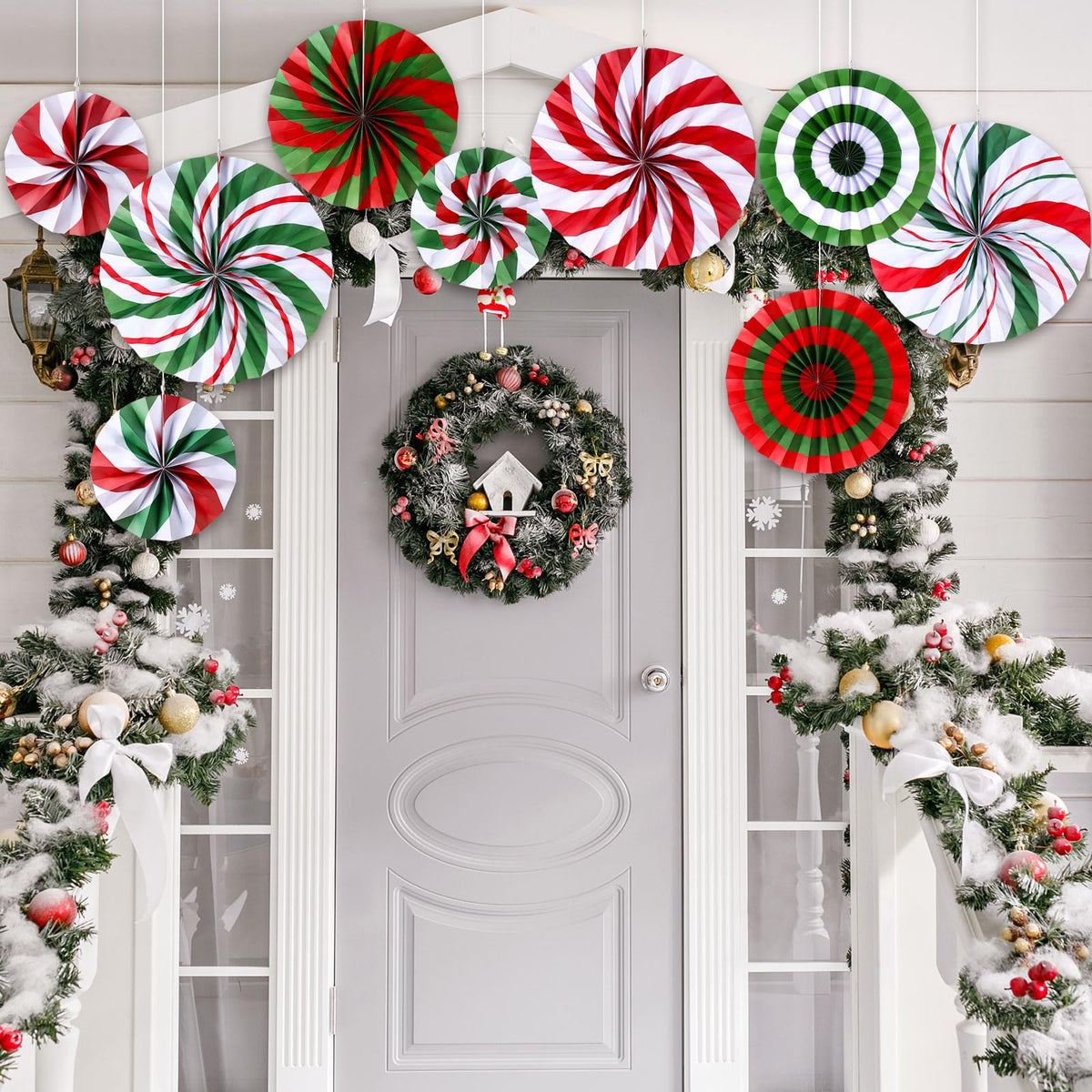 Outus Christmas Hanging Decorations Candy Paper Fans Peppermint Hanging Paper Fans Candy Cane Ceiling Wall Decor for Christmas Party Classroom Birthday Party(9 Pcs,Fresh)