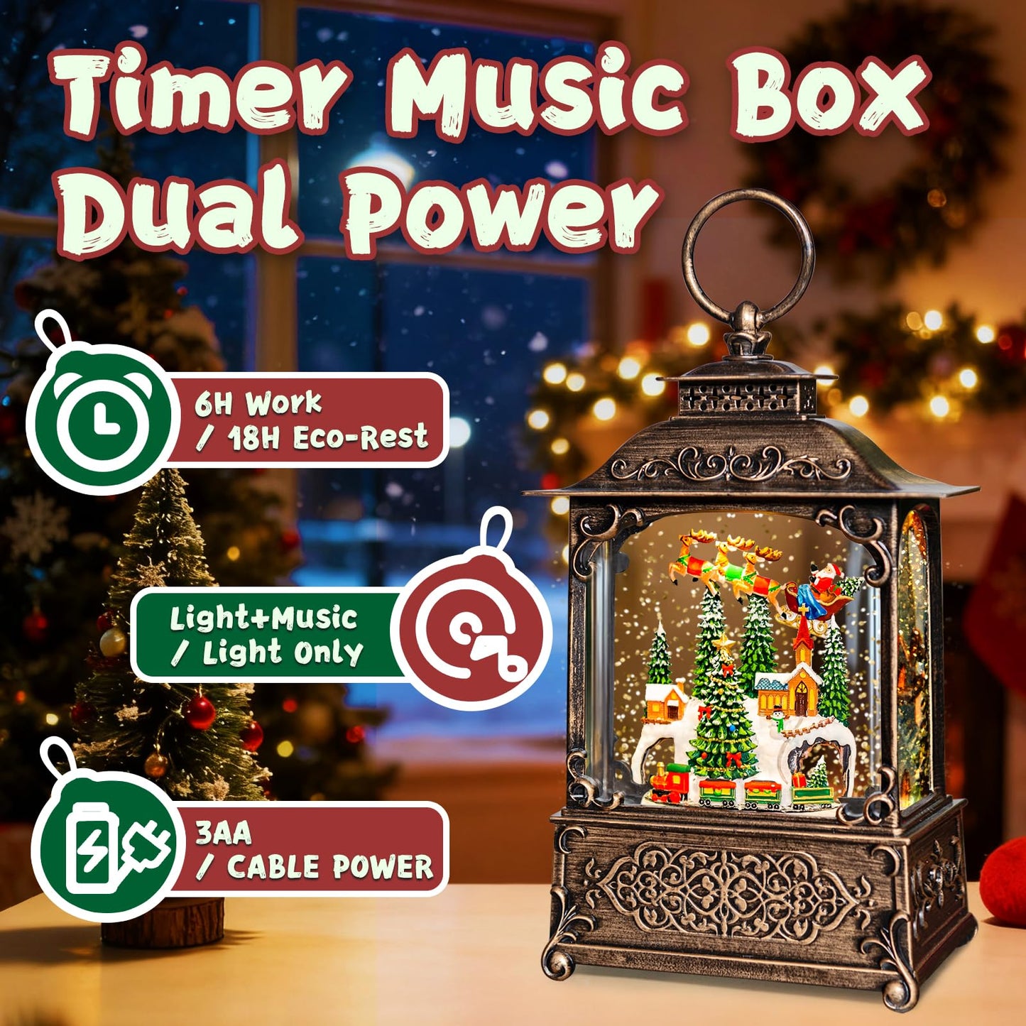 Christmas Snow Globes Lantern, Santa Claus & Train Christmas Decorations Indoor, 6H Timer Battery & USB Powered Light Up Musical Snow Globes for Kids Women Adults Gift Thanksgiving Home Decor
