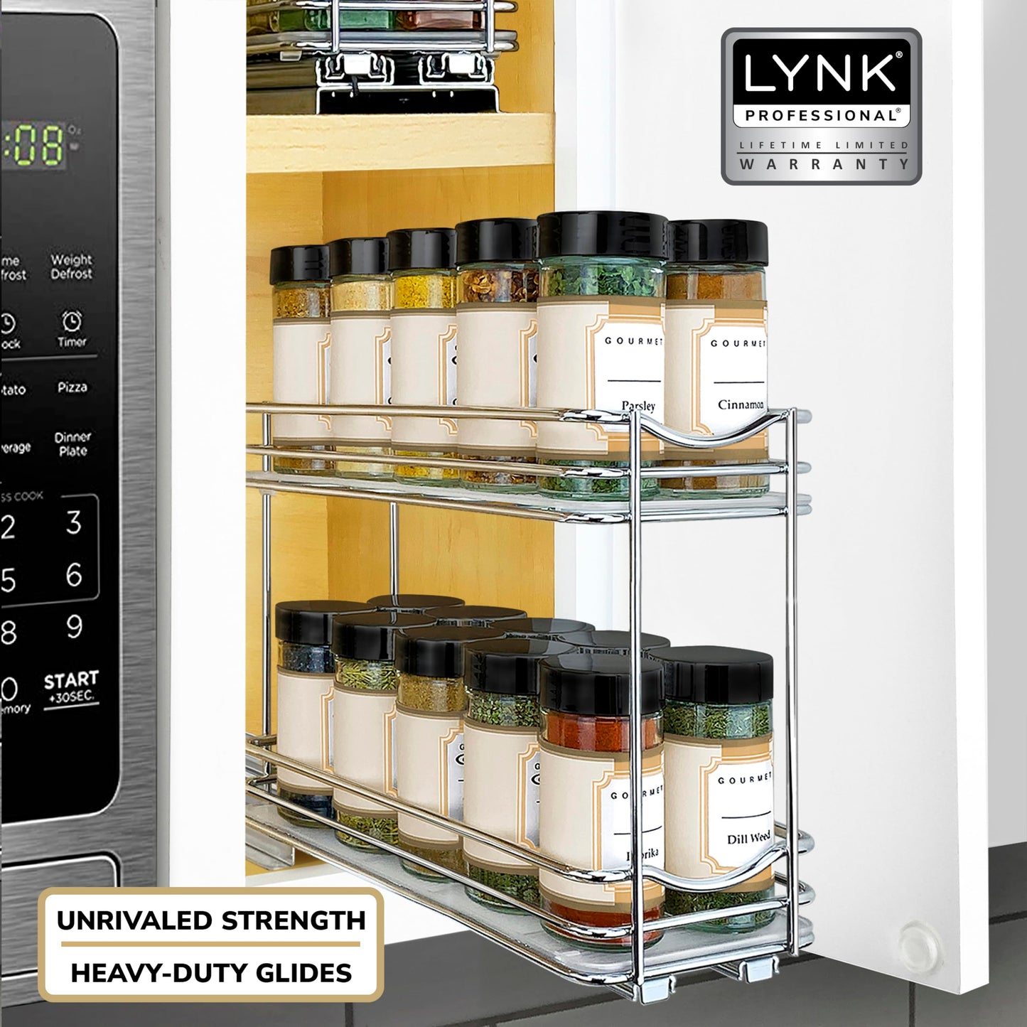 LYNK PROFESSIONAL® Pull Out Spice Organization for Cabinets - 4-3/8 inch Wide – Spice Rack for Inside Cabinets, Slide Out Spice Rack Organizer for cabinet – Pull Out Spice Rack, Sliding 2 Tier Chrome