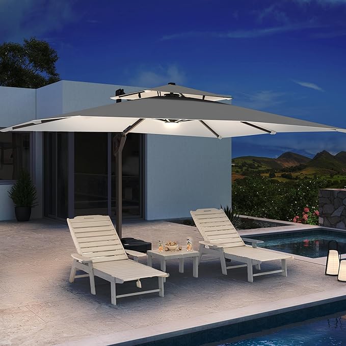 10 X 13 FT Cantilever Patio Umbrella with LED Lights Outdoor Heavy Duty Double Top Windproof Rectangle Offset Umbrellas with 360-degree Rotation for Pool Deck Backyard, Foggy Grey