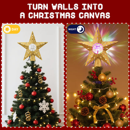 Gold Rotating Christmas Tree Topper Star with RGB LED Lights, 3D Crystal Diamond Center, Spinning Projection, Glitter Design Tree Decor with Power Cord for Holiday, Party, Christmas Celebration