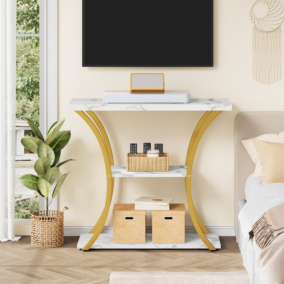 Hoctieon 3 Tier Console Table with Open Wood Shelves, Decorative Entryway Table with Curved Metal Frames, Narrow Sofa Table for Entrance, Living Room, Hallway, Gold and White Marbled